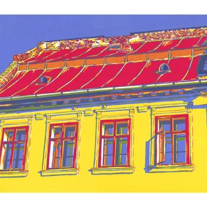 Architecture graphic art Simple colorful original art Urban cityscape artwork Pop art city wall art 14 by 20 House painting by KomarovArt
