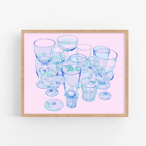 Wydruk artystyczny na szklankach Sztuka ścienna na drinki Plakat kuchenny Grafika na barze Restauracja z winami i koktajlami Różowa dekoracja ścienna Oryginalny wydruk artystyczny Duża sztuka pop