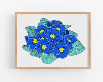 African violet art print Blue floral wall art Botanical poster Indoor plant flower artwork Large colorful wall decor New home gift for her