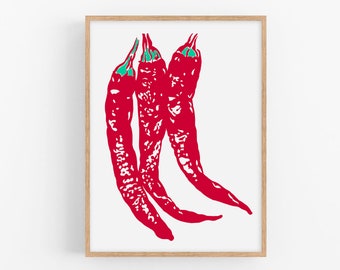 Impression d'art piment rouge Poster de légumes Art mural de cuisine Oeuvre d'art culinaire Décoration murale moderne de piment rouge Grande affiche rouge