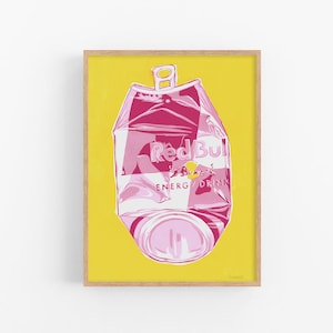 Impresión artística de lata de Red Bull Arte de pared de cocina Arte de bebidas Lata aplastada Arte pop colorido simple Arte gráfico moderno y de moda Póster amarillo rosa