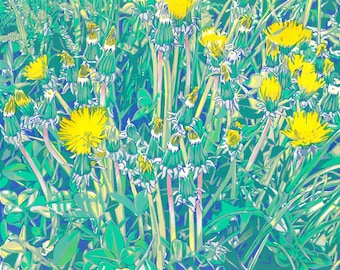 Dandelion painting Floral original art Botanical wall art Meadow field artwork Colorful graphic art 18 by 22 Large painting by KomarovArt