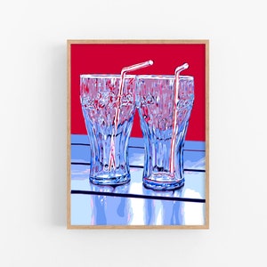 Szklanki do coli wydruk artystyczny oryginalny Bar cart wall art grafika do napojów Coke pop art kuchnia martwa natura Soda wydruk artystyczny duży plakat graficzny
