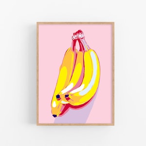 Banana graphic art print Kitchen wall art Fruit artwork Food pop art Simple colorful tropical still life Large fine art poster by KomarovArt