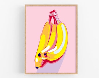 Banana graphic art print Kitchen wall art Fruit artwork Food pop art Simple colorful tropical still life Large fine art poster by KomarovArt