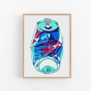 Red bull can art print original Kitchen wall art Drink artwork Crushed can Simple colorful pop art Modern urban Large graphic art poster image 1