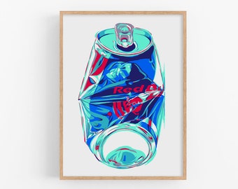 Red bull can art print original Kitchen wall art Drink artwork Crushed can Simple colorful pop art Modern urban Large graphic art poster