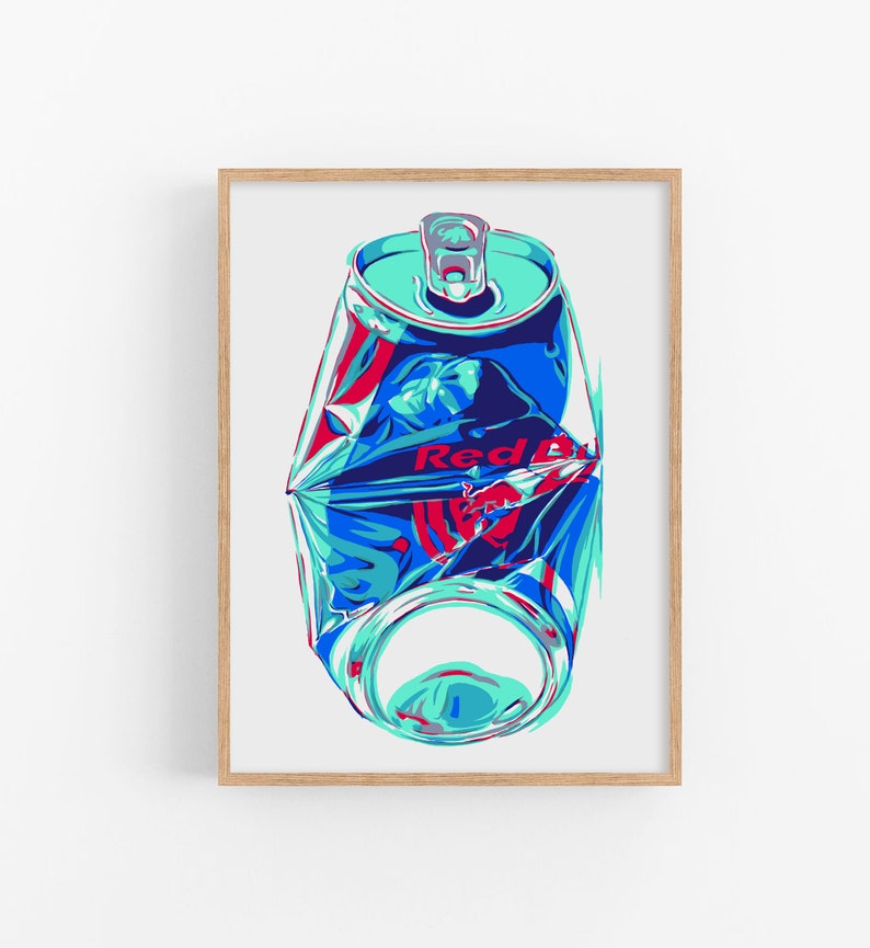 Red bull can art print original Kitchen wall art Drink artwork Crushed can Simple colorful pop art Modern urban Large graphic art poster image 1