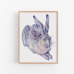 Hare art print  Rabbit wall art Animal poster Bunny artwork Modern farmhouse wall decor Large colorful black art print Animal lover gift