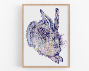 Hare art print  Rabbit wall art Animal poster Bunny artwork Modern farmhouse wall decor Large colorful black art print Animal lover gift