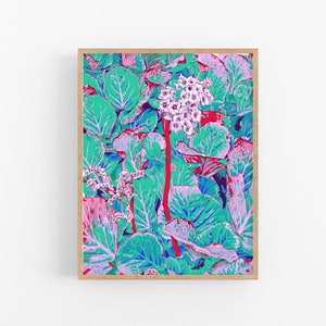 Stampa artistica di fiori rosa, stampa floreale da parete, poster botanico, grande opera d'arte colorata, decorazione da parete moderna con natura astratta, stampa Bergenia Elephant Ears.