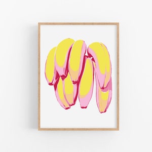Banana art print Kichen poster Fruit wall art Food artwork Yellow pink cute Modern trendy pop art