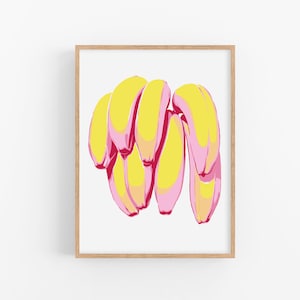 Banana art print Kichen poster Fruit wall art Food artwork Yellow pink cute Modern trendy pop art