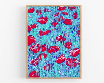 Poppy art print Floral poster Red flower wall art Botanical artwork Large colorful poppy field poster