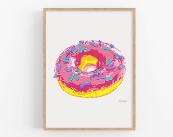 Donut art print Coffee shop wall art Home kitchen poster Minimalist pop art food artwork Colorful pink graphic art Donut wall art