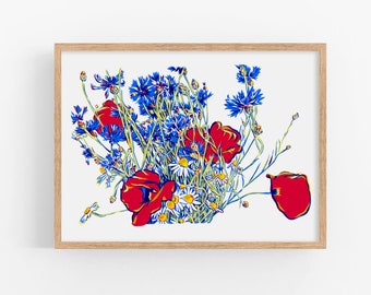 Poppy art print Cornflowers wall art Daisy poster Floral artwork Large colorful wildflower print Meadow flower poster