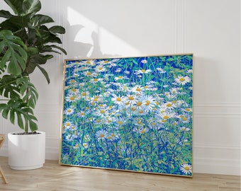 Daisy art print Floral painting White green flower wall art Botanical wildflower artwork Large colorful floral poster