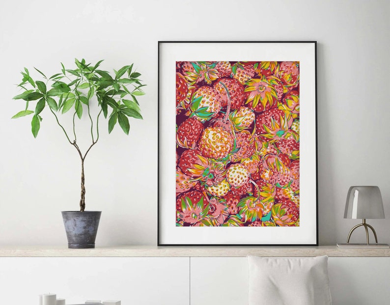 Strawberry graphic art print Fruit wall art Red kitchen artwork Food berry illustration Modern trendy colorful Large graphic art poster image 8