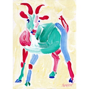 Pintura de cabra, arte original de animal, arte de parede de animal de fazenda, pintura pop art colorida, 7 por 5, pequena pintura de KomarovArt