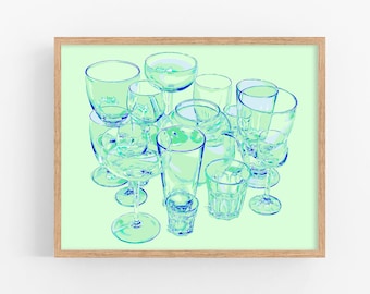 Glass art print Kitchen poster Drink wall art Wine artwork Inspirational wall decor Large green poster Simple colorful pop art