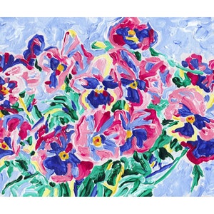 Pintura de pensamientos Arte floral original de color rosa Arte mural de flores violetas Obra de arte botánica Expresionismo 8 x 12 Pintura al óleo pequeña de KomarovArt