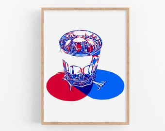 Glass art print Kitchen poster Drink wall art Water artwork Inspirational wall decor Large red blue poster Simple colorful pop art