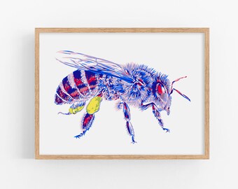 Honey bee art print Insect wall art Bee artwork Bee lover decor large colorful poster Modern graphic art Queen bee watercolor pop art