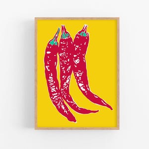 Chili Paprika Kunstdruck Chilischoten Küche Wandkunst Food Poster Rote Paprika Kunstwerk Großes buntes Wanddekor Modernes neues Zuhause Geschenk Roter gelber Kunstdruck