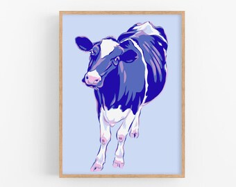 Cow art print Animal wall art Farmhouse artwork Farm animal poster Blue large wall decor Nursery art print Funny cow art Black cow art