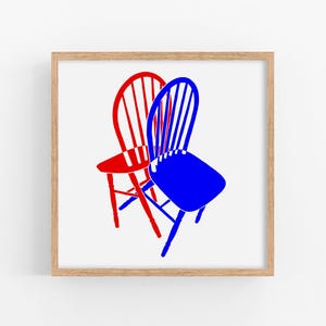 Chair art print Pop art red blue poster Interior design wall art Iconic chairs furniture artwork Minimalist home decor Modern wall decor
