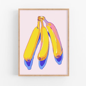 Banana art print Kitchen wall art Food poster Fruit artwork Large colorful wall decor Modern new home gift for her Yellow pink pop art print