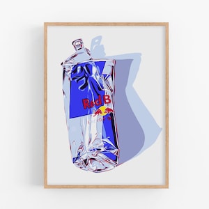 Red Bull art print Drink wall art Bar cart artwork Kitchen poster Modern colorful room decor Crushed can wall decor Pop art large art print