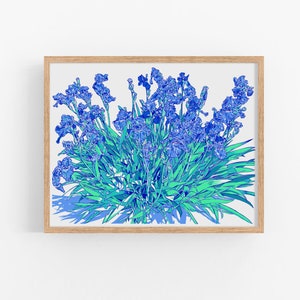 Iris art print Blue floral wall art Botanical artwork Japanese flower poster Large colorful art print Inspired by Van Gogh wall art gift