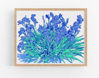 Iris art print Blue floral wall art Botanical artwork Japanese flower poster Large colorful art print Inspired by Van Gogh wall art gift