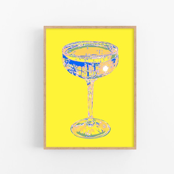Champagne art print Kitchen poster Drink wall art Cocktail glass artwork Luxury bar cart wall decor Large yellow poster Simple minimalist
