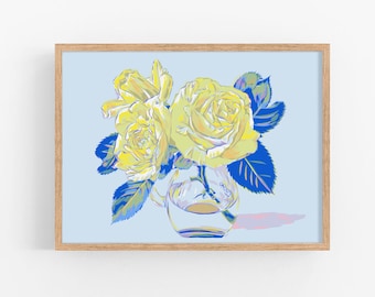 Rose art print Floral wall art Botanical poster Yellow roses artwork Vase bouquet Colorful large poster Spring summer wall decor