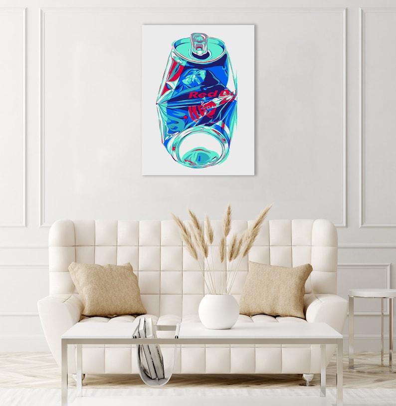 Red bull can art print original Kitchen wall art Drink artwork Crushed can Simple colorful pop art Modern urban Large graphic art poster image 10