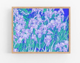 Iris art print Floral wall art Botanical poster Japanese flower artwork Large colorful wall decor Blue floral wall art Spring floral gift