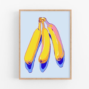Banana art print Kitchen wall art Food poster Fruit artwork Large colorful wall decor Modern new home gift for her Yellow blue pop art print