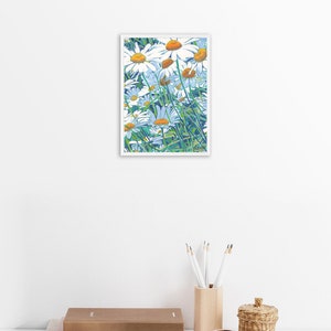 Daisy painting Floral wall art Wildflower artwork Spring botanical graphic art Colorful emerald green 7 by 5 Small painting by KomarovArt image 6