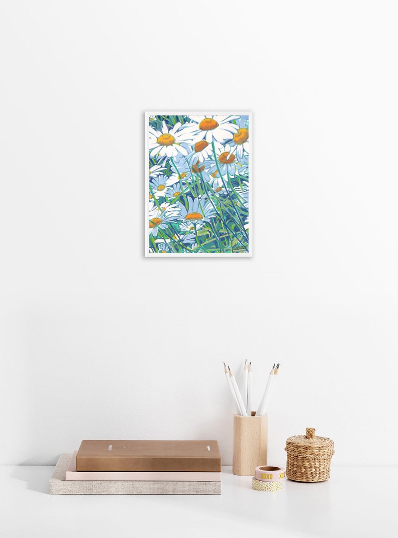 Daisy painting Floral wall art Wildflower artwork Spring botanical graphic art Colorful emerald green 7 by 5 Small painting by KomarovArt image 6