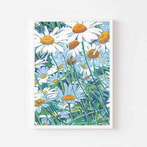 Daisy painting Floral wall art Wildflower artwork Spring botanical graphic art Colorful emerald green 7 by 5 Small painting by KomarovArt Framed Artwork