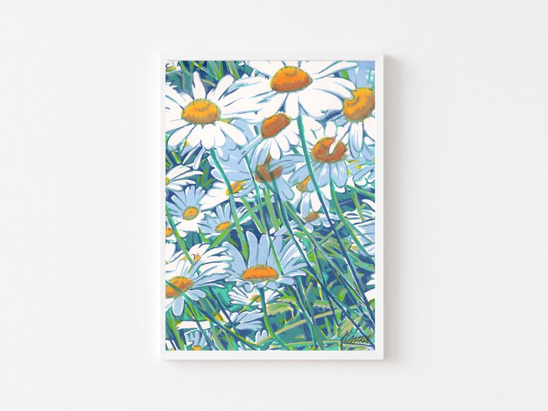 Daisy painting Floral wall art Wildflower artwork Spring botanical graphic art Colorful emerald green 7 by 5 Small painting by KomarovArt Framed Artwork