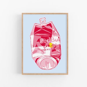 Red Bull art print Drink wall art Kitchen poster Redbull energy drink artwork Colorful large poster Pop art soda can print Crushed can art