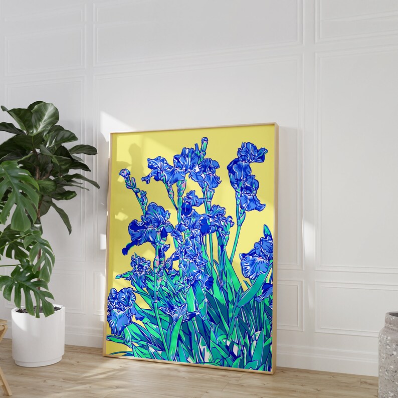 Iris art print Blue floral wall art Botanical poster Japanese flower artwork Large colorful wall decor Modern new home gift for her image 3