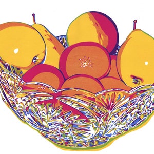 Pintura de pera y manzana Arte original de frutas Arte mural de cocina Jarrón con ilustraciones de comida Arte gráfico simple y colorido 12 por 16 Póster de arte pop de KomarovArt