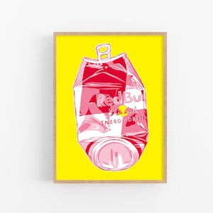 Red bull can art print Drink poster Kitchen wall art Pop art modern decor Soda red yellow alcohol urban artwork colorful art