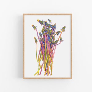 Stampa artistica di tarassaco, poster floreale giallo, arte murale di fiori rosa, opera d'arte botanica da fattoria, decorazione rurale di fiori selvatici, semplice grafica colorata
