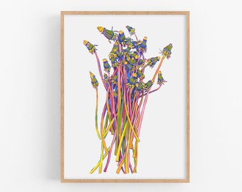 Dandelion art print Yellow floral poster Pink flower wall art Farmhouse botanical artwork Rural wildflower decor Simple colorful graphic art