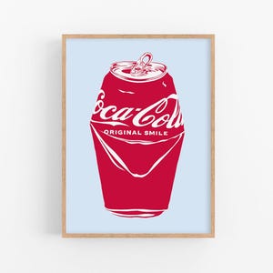 Uśmiechnięta puszka Coca-Coli wydruk artystyczny Plakat pop-art Sztuka ścienna z napojami Dzieła sztuki kuchennej Wydruk Coca-Coli Plakat z wózkiem barowym Prosty kolorowy Niebiesko-czerwony obraz Coca-Coli